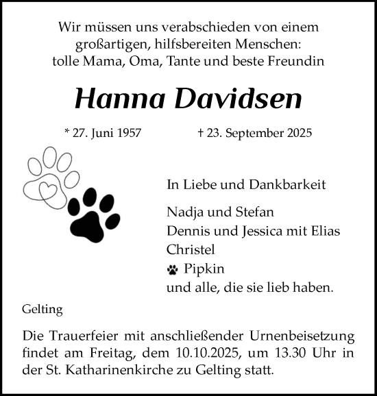 Traueranzeige von Hanna Davidsen von Flensburger Tageblatt