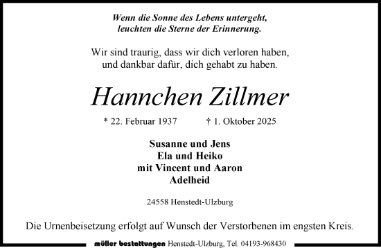 Traueranzeige von Hannchen Zillmer von Umschau