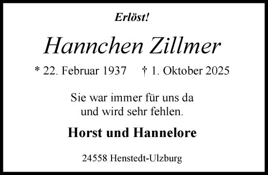 Traueranzeige von Hannchen Zillmer von Umschau