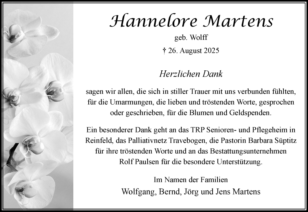  Traueranzeige für Hannelore Martens vom 18.10.2025 aus MARKT Bad Oldesloe/Reinfeld, MARKT Ahrensburg/Bargteheide/Trittau und Stormarner Tageblatt