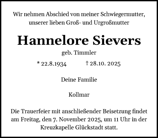 Traueranzeige von Hannelore Sievers von Norddeutsche Rundschau, Wilstersche Zeitung, Glückstädter Fortuna