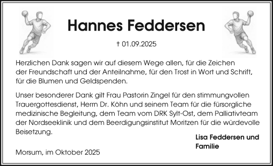 Traueranzeige von Hannes Feddersen von Sylter Rundschau