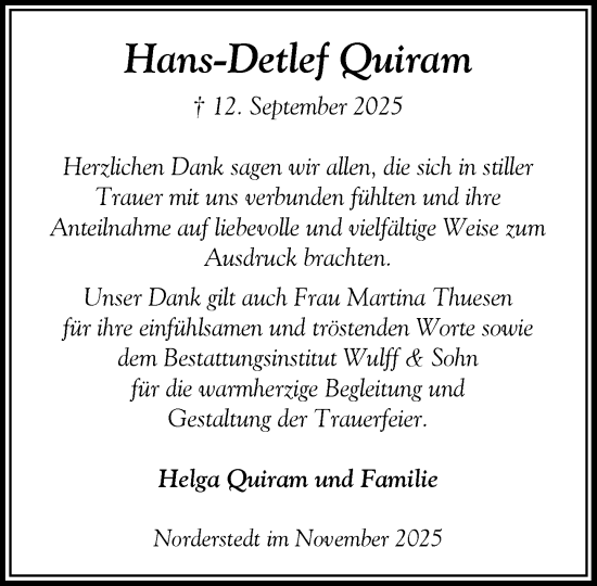 Traueranzeige von Hans-Detlef Quiram von Heimatspiegel