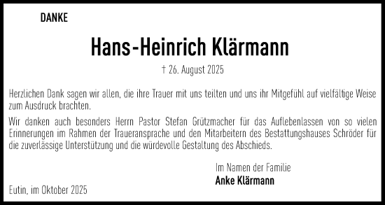 Traueranzeige von Hans-Heinrich Klärmann von Ostholsteiner Anzeiger