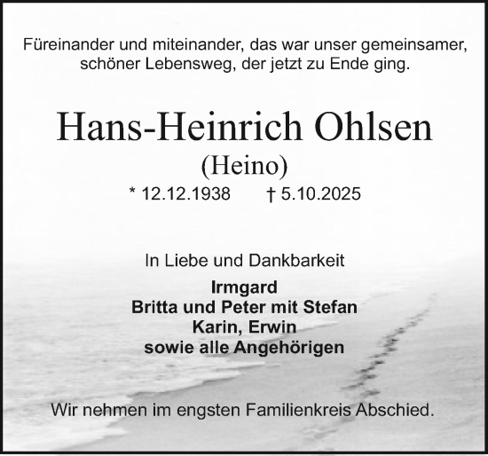 Traueranzeige von Hans-Heinrich Ohlsen von Holsteinischer Courier