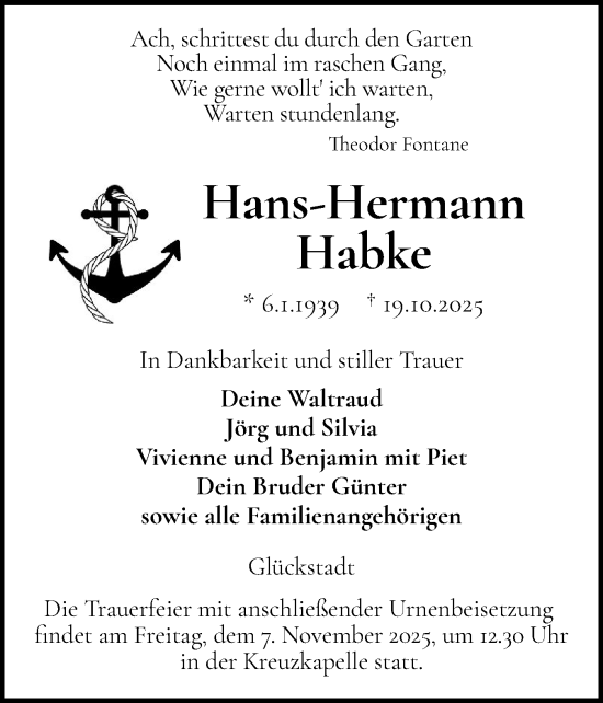 Traueranzeige von Hans-Hermann Habke von Norddeutsche Rundschau, Wilstersche Zeitung, Glückstädter Fortuna