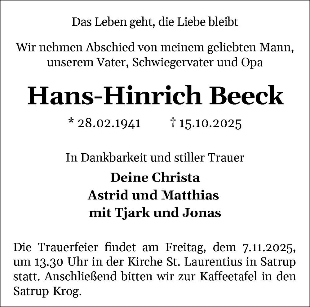  Traueranzeige für Hans-Hinrich Beeck vom 21.10.2025 aus Flensburger Tageblatt