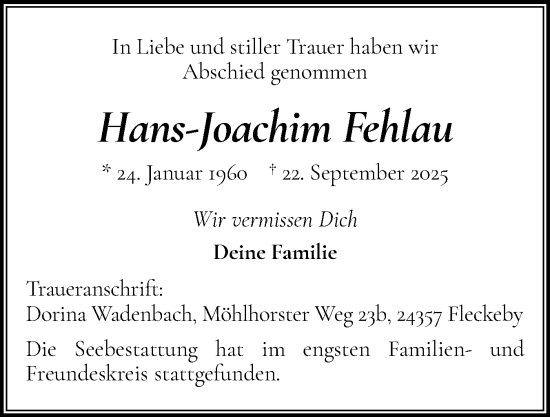 Traueranzeige von Hans-Joachim Fehlau von Eckernförder Zeitung, Hallo Eckernförde