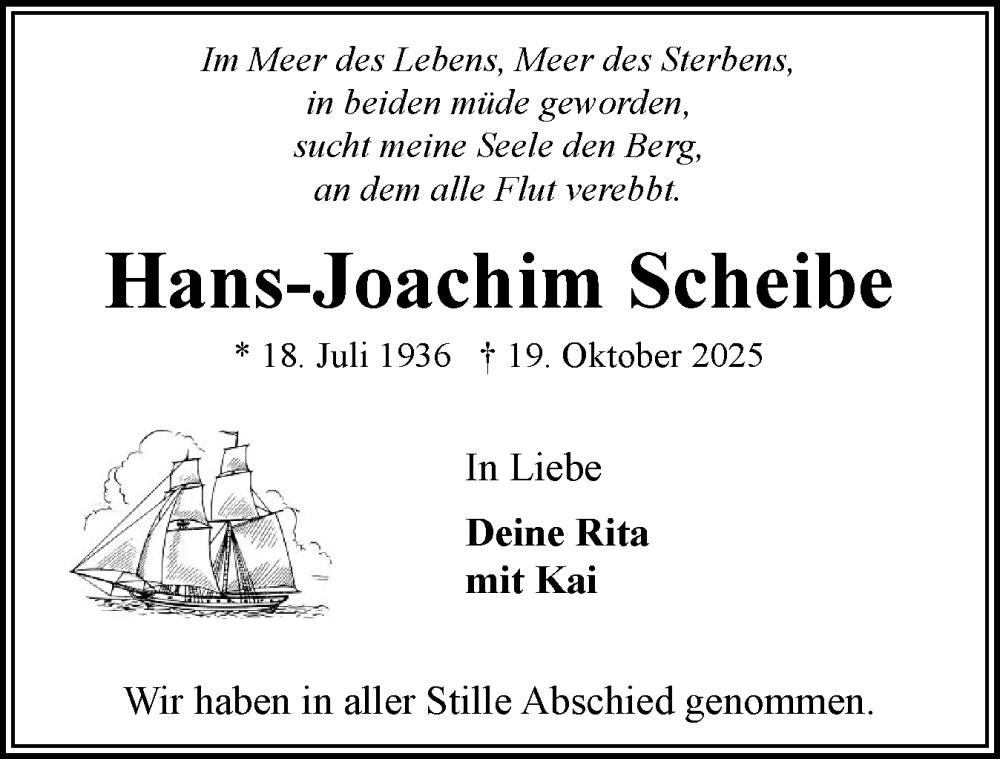  Traueranzeige für Hans-Joachim Scheibe vom 01.11.2025 aus Flensburger Tageblatt