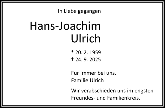 Traueranzeige von Hans-Joachim Ulrich von MARKT Bad Oldesloe/Reinfeld und Stormarner Tageblatt
