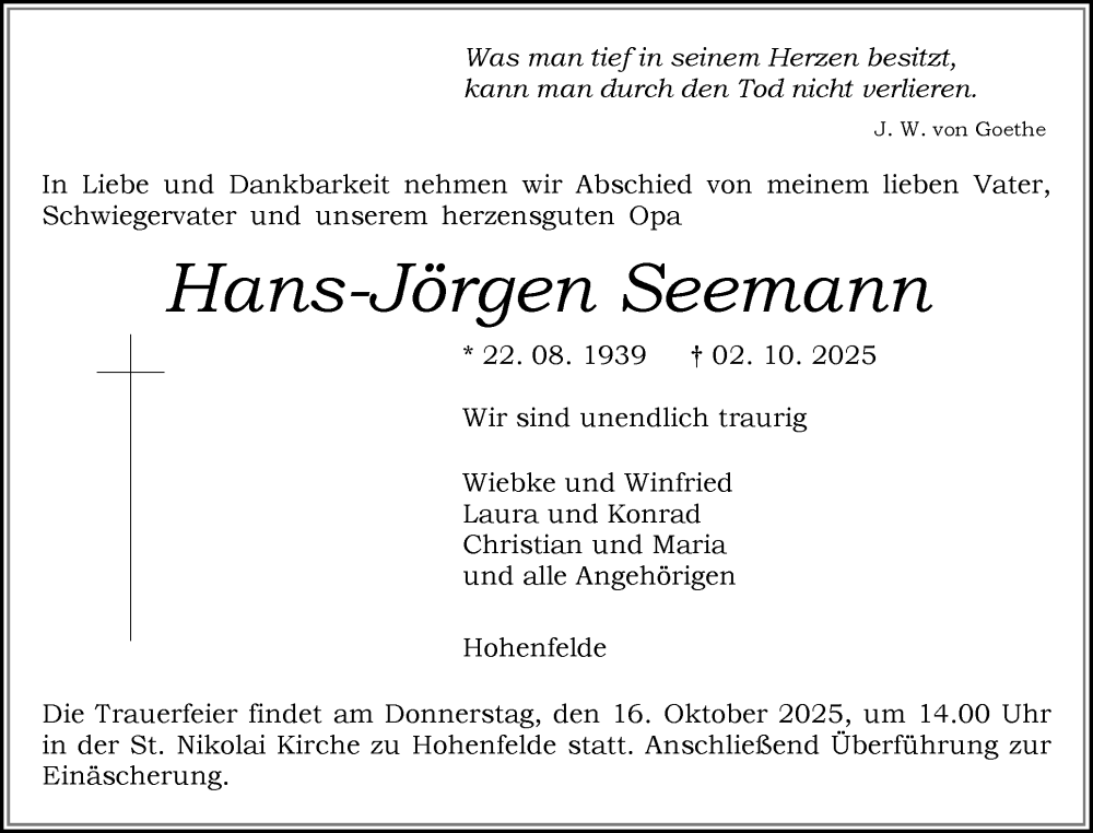  Traueranzeige für Hans-Jörgen Seemann vom 11.10.2025 aus Norddeutsche Rundschau, Wilstersche Zeitung, Glückstädter Fortuna