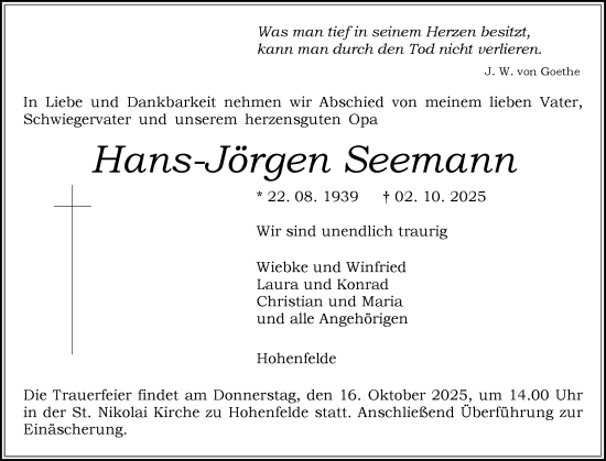 Traueranzeige von Hans-Jörgen Seemann von Norddeutsche Rundschau, Wilstersche Zeitung, Glückstädter Fortuna