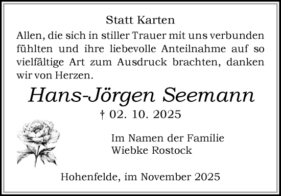 Traueranzeige von Hans-Jörgen Seemann von Norddeutsche Rundschau, Wilstersche Zeitung, Glückstädter Fortuna