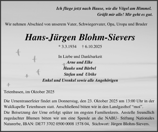 Traueranzeige von Hans-Jürgen Blohm-Sievers von Schleswig-Holsteinische Landeszeitung