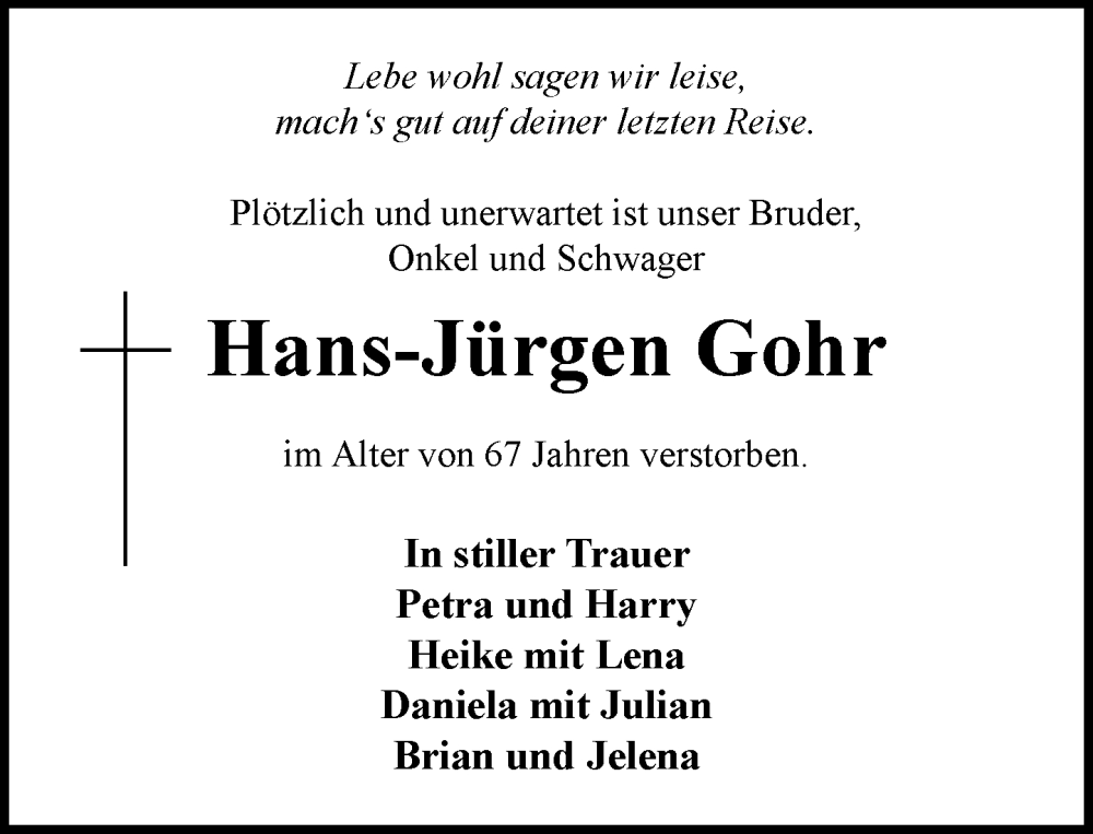  Traueranzeige für Hans-Jürgen Gohr vom 01.11.2025 aus MARKT Ratzeburg/Mölln