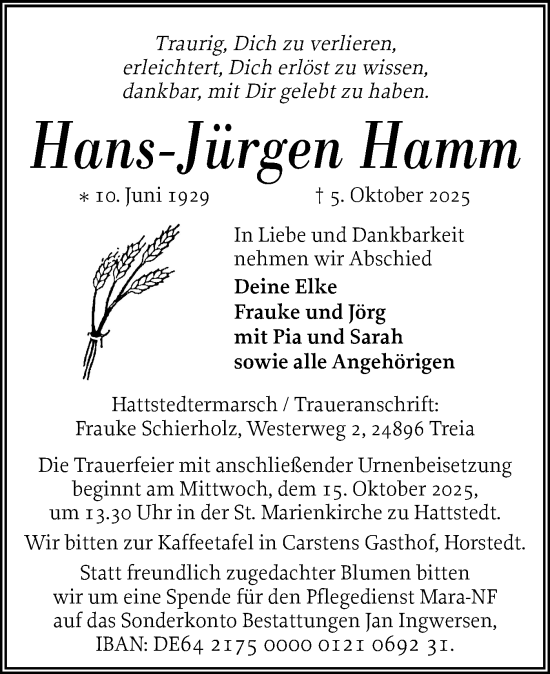 Traueranzeige von Hans-Jürgen Hamm von Husumer Nachrichten, Nordfriesland Tageblatt
