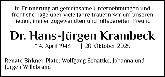 Traueranzeige von Hans-Jürgen Krambeck von Ostholsteiner Anzeiger