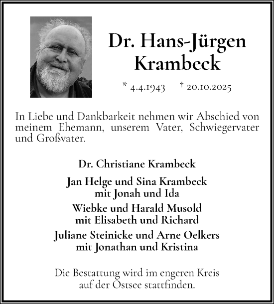 Traueranzeige von Hans-Jürgen Krambeck von Ostholsteiner Anzeiger