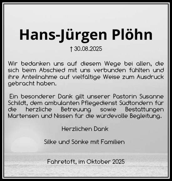 Traueranzeige von Hans-Jürgen Plöhn von Husumer Nachrichten, Nordfriesland Tageblatt