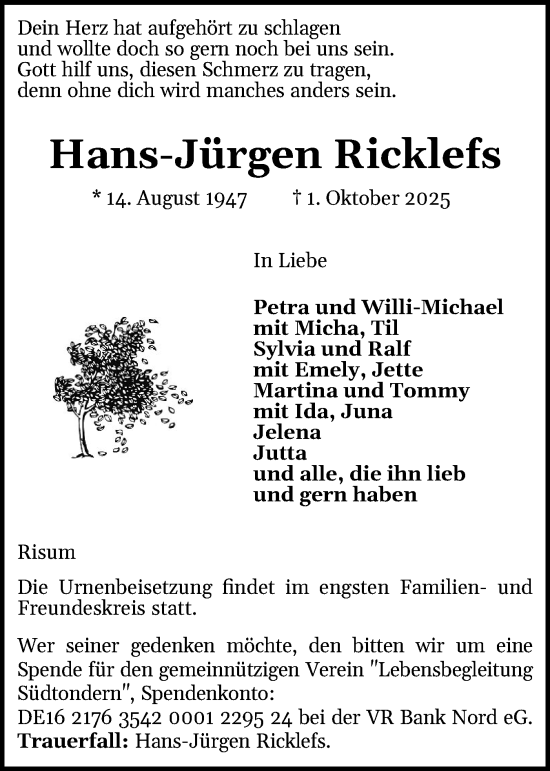 Traueranzeige von Hans-Jürgen Ricklefs von Husumer Nachrichten, Nordfriesland Tageblatt