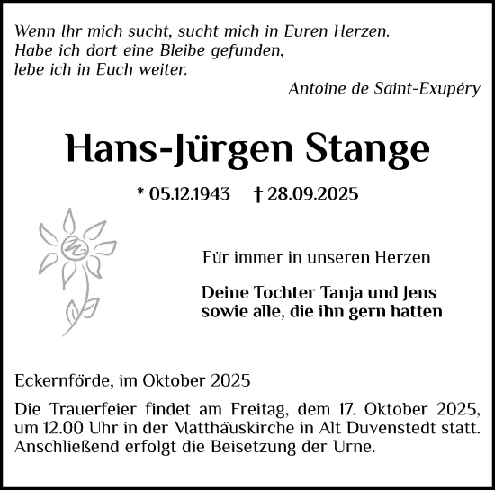 Traueranzeige von Hans-Jürgen Stange von Eckernförder Zeitung