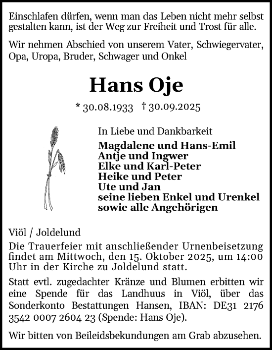 Traueranzeige von Hans Oje von Husumer Nachrichten, Nordfriesland Tageblatt
