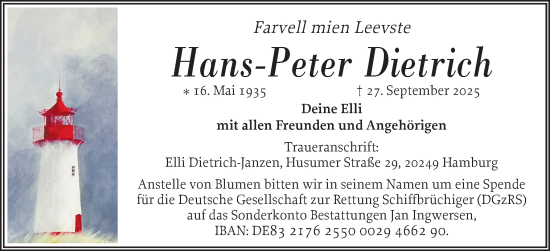 Traueranzeige von Hans-Peter Dietrich von Husumer Nachrichten, Nordfriesland Tageblatt