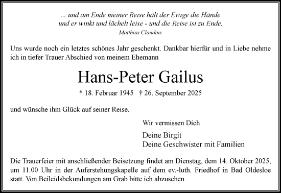 Traueranzeige von Hans-Peter Gailus von MARKT Bad Oldesloe/Reinfeld und Stormarner Tageblatt