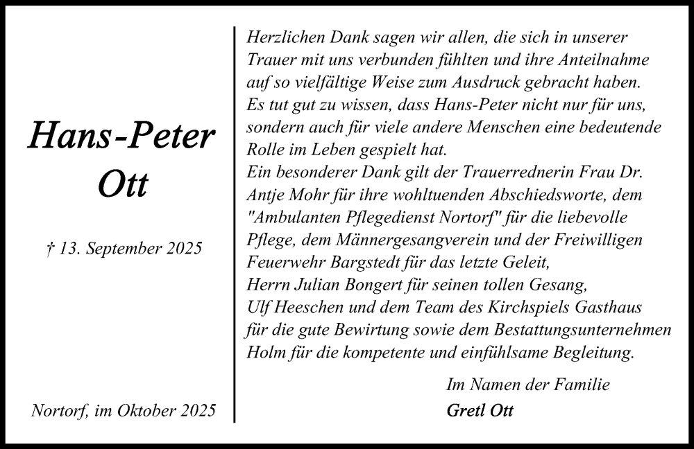  Traueranzeige für Hans-Peter Ott vom 18.10.2025 aus Schleswig-Holsteinische Landeszeitung