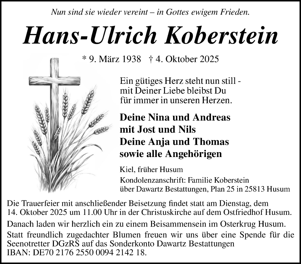  Traueranzeige für Hans-Ulrich Koberstein vom 11.10.2025 aus Husumer Nachrichten, Nordfriesland Tageblatt
