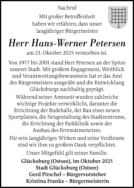 Traueranzeige von Hans-Werner Petersen von Flensburger Tageblatt