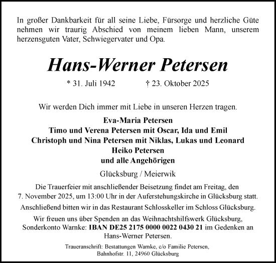 Traueranzeige von Hans-Werner Petersen von Flensburger Tageblatt