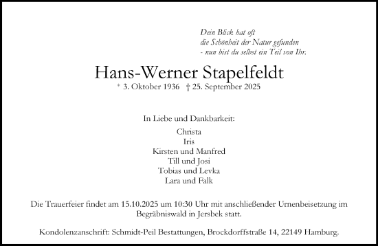 Traueranzeige von Hans-Werner Stapelfeldt von MARKT Ahrensburg/Bargteheide/Trittau und Stormarner Tageblatt