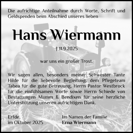 Traueranzeige von Hans Wiermann von Schleswig-Holsteinische Landeszeitung