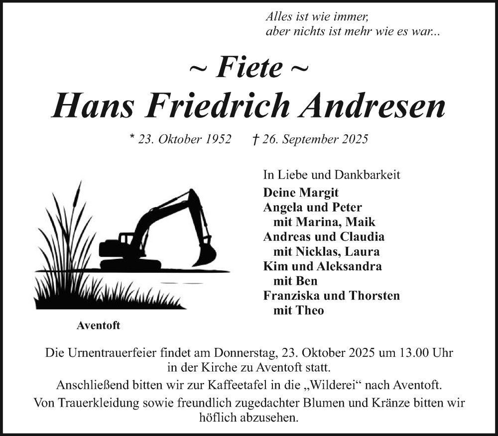  Traueranzeige für Hans Friedrich Andresen vom 04.10.2025 aus Husumer Nachrichten, Nordfriesland Tageblatt