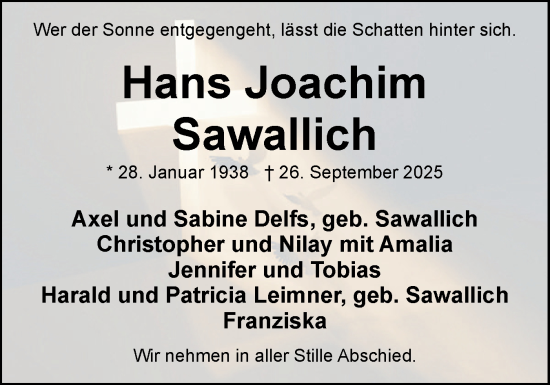 Traueranzeige von Hans Joachim Sawallich von Eckernförder Zeitung, Hallo Eckernförde
