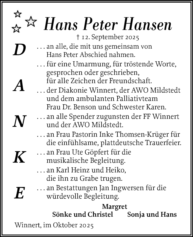  Traueranzeige für Hans Peter Hansen vom 25.10.2025 aus Husumer Nachrichten, Nordfriesland Tageblatt