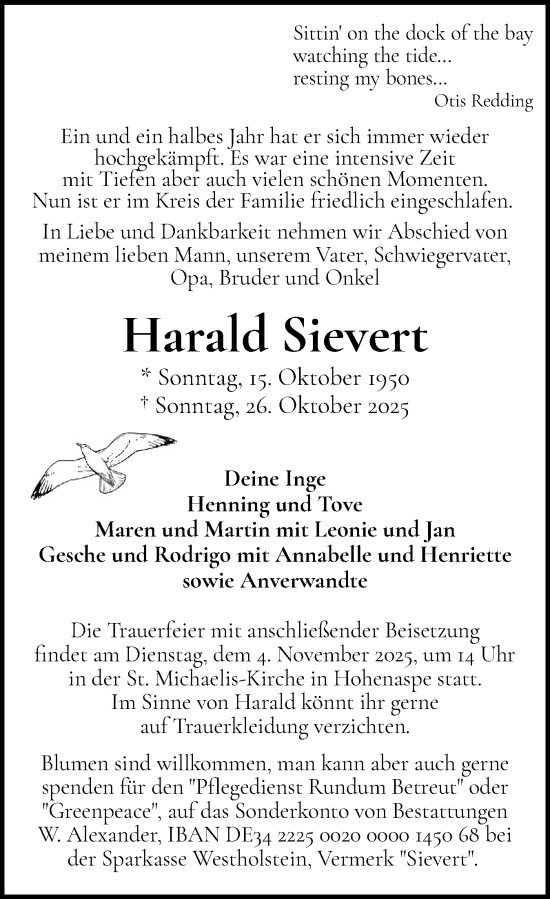 Traueranzeige von Harald Sievert von Norddeutsche Rundschau, Wilstersche Zeitung, Glückstädter Fortuna