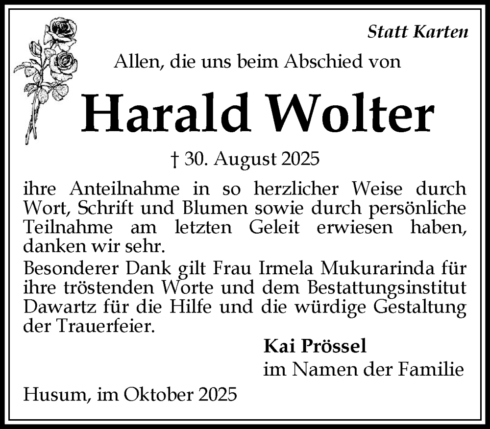  Traueranzeige für Harald Wolter vom 11.10.2025 aus Husumer Nachrichten, Nordfriesland Tageblatt