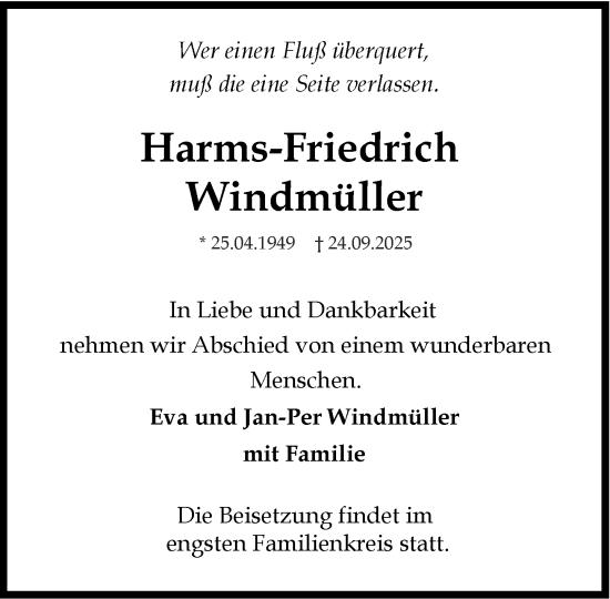 Traueranzeige von Harms-Friedrich Windmüller von Heimatspiegel
