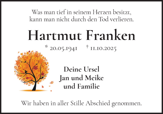 Traueranzeige von Hartmut Franken von Eckernförder Zeitung, Hallo Eckernförde