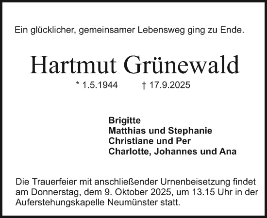 Traueranzeige von Hartmut Grünewald von Holsteinischer Courier