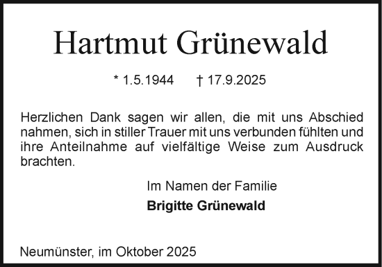 Traueranzeige von Hartmut Grünewald von Holsteinischer Courier
