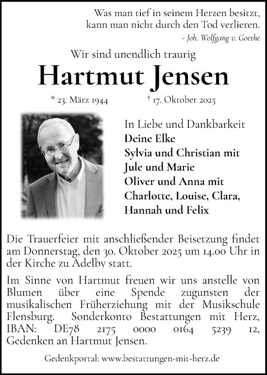 Traueranzeige von Hartmut Jensen von Flensburger Tageblatt