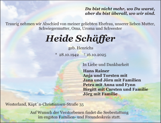 Traueranzeige von Heide Schäffer von Sylter Rundschau