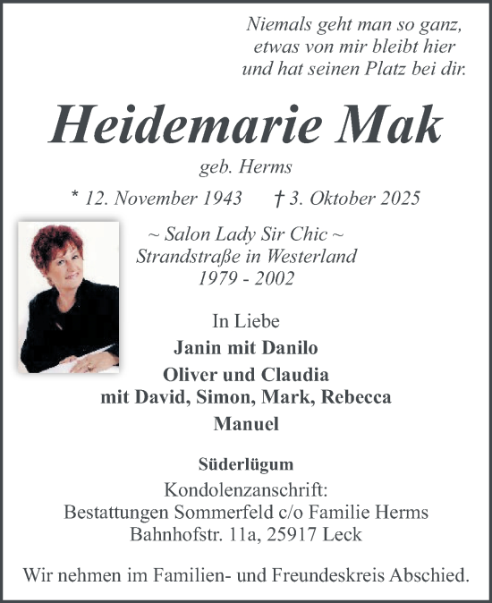 Traueranzeige von Heidemarie Mak von Sylter Rundschau