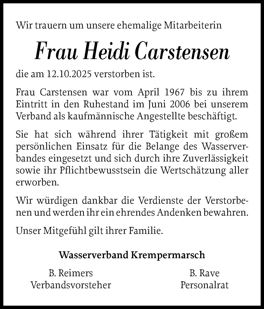  Traueranzeige für Heidi Carstensen vom 18.10.2025 aus Norddeutsche Rundschau, Wilstersche Zeitung, Glückstädter Fortuna