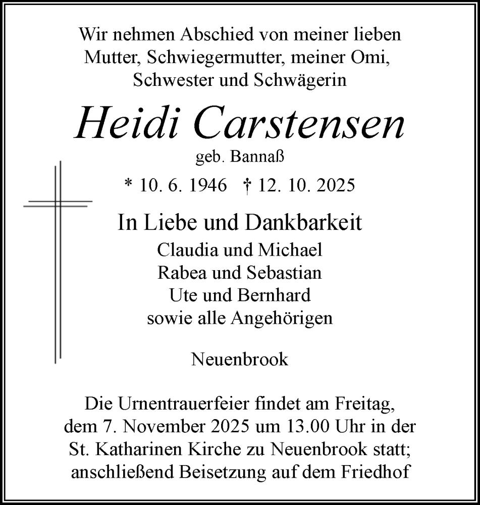  Traueranzeige für Heidi Carstensen vom 18.10.2025 aus Norddeutsche Rundschau, Wilstersche Zeitung, Glückstädter Fortuna