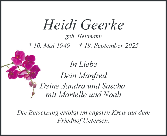 Traueranzeige von Heidi Geerke von Region Pinneberg und tip Pinneberg