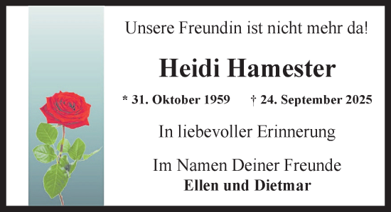 Traueranzeige von Heidi Hamester von Wochenend Anzeiger